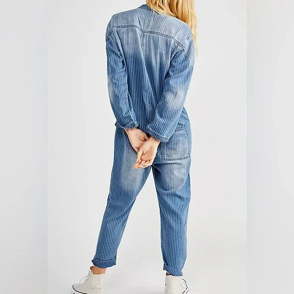 Free People Sandrine Rose Striped Blue Denim Jumpsuit - Picture 2 of 9